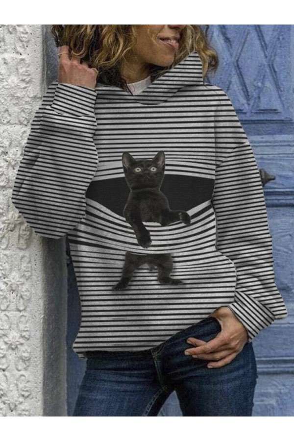 Black Cat Print Long Sleeve Casual Striped Hoodies For Women