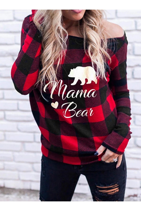 Red Plaid Mama Bear One shoulder Long Sleeve Sweatshirt