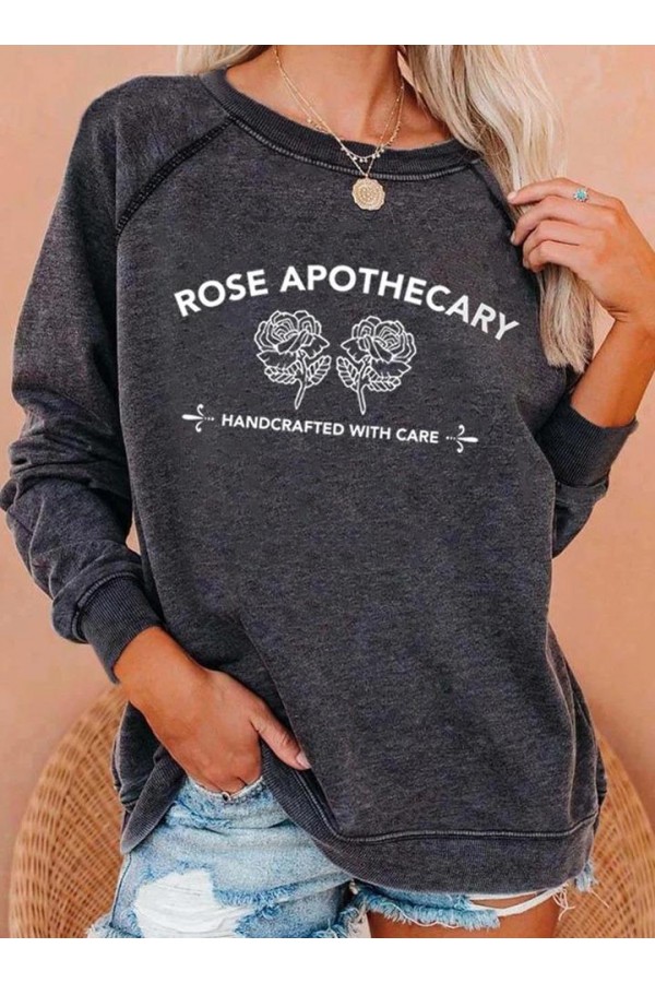 Women's Sweatshirt Gray Rose Apothecary Handcrafted Long Sleeve Crewneck Tops