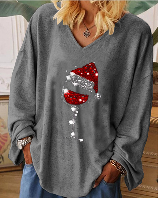 Ladies Christmas wine glass print shirt - Curwave