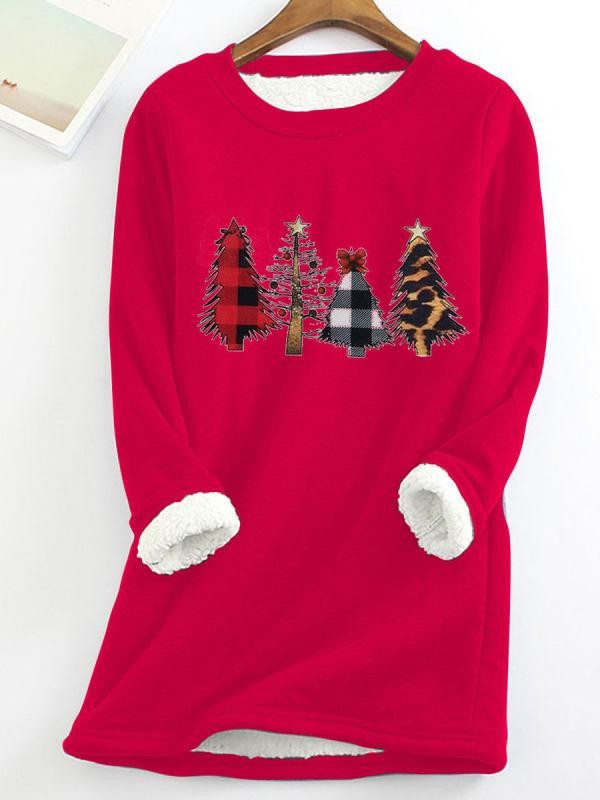 Fleece Warm Christmas Tree Print Long Sleeve Shirt - Curwave