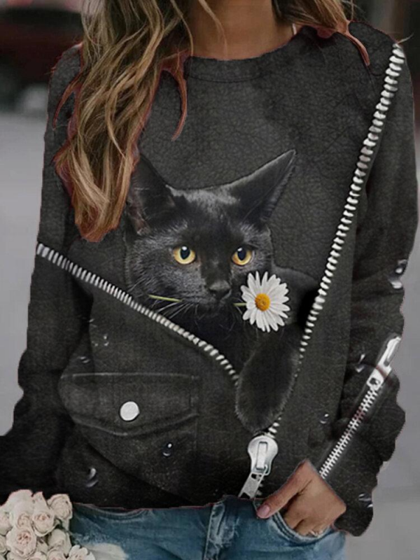 Black Cat Flower Print Long Sleeves Oneck Casual Sweatshirt For Women
