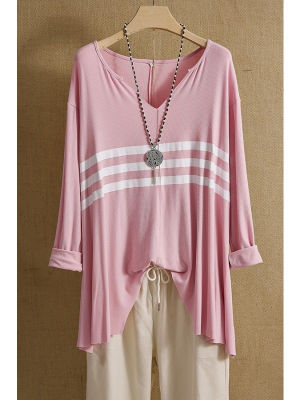 Pink Striped V-neck Casual Long Sleeve Shirt