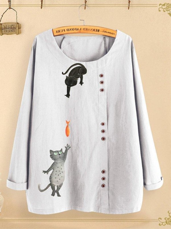 Ladies Casual Long Sleeves Tops Linen Blouses With Cartoon Cat Printing