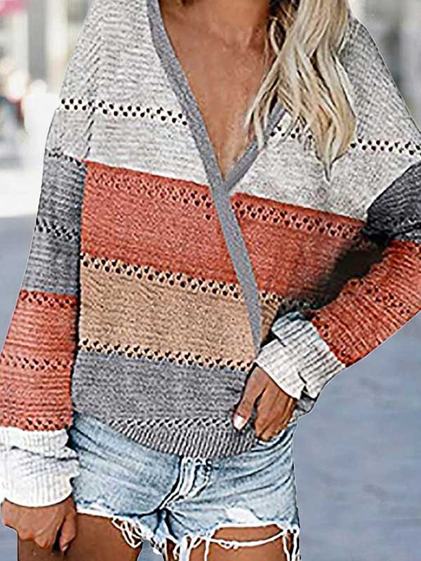 Women's Pullover Sweater Jumper Ribbed Knit Patchwork V Neck Color Block Stylish Casual Fall Winter