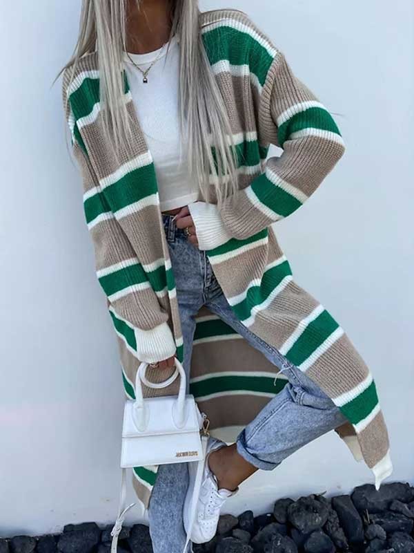 Women's Cardigan Sweater Jumper Ribbed Knit Pocket Stripe Tunic Open Front Striped Casual Summer Fall