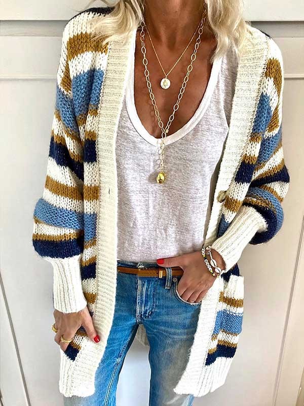Women's Cardigan Sweater Jumper Crochet Knit Button Print Tunic V Neck Striped Daily Casual Drop Shoulder