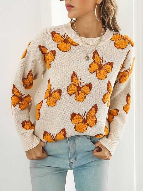 Women's Pullover Sweater Jumper Ribbed Knit Print Crew Neck Butterfly Casual Summer Fall