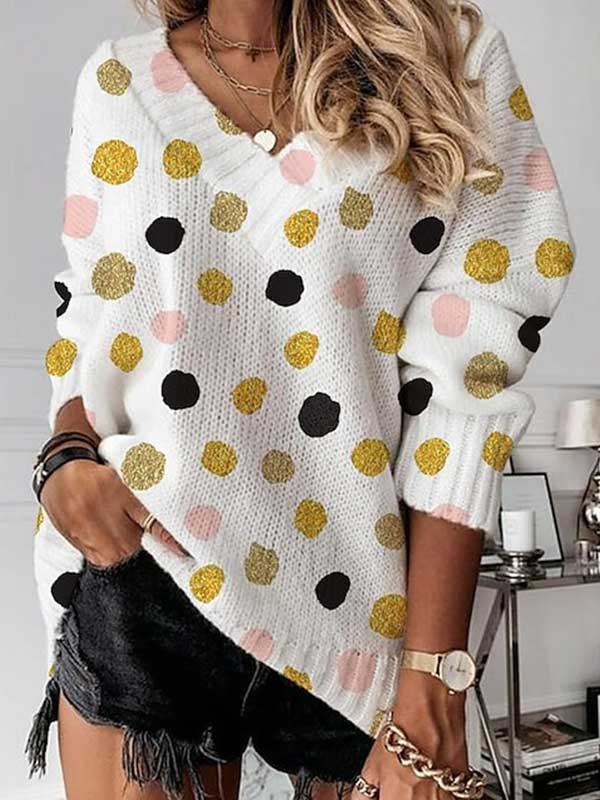Women's Pullover Sweater Jumper Crochet Knit Print Tunic V Neck Polka Dot Drop Shoulder