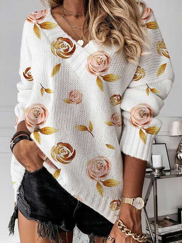Women's Pullover Sweater Jumper Crochet Knit Print Tunic V Neck Floral Party Home Stylish Casual Drop Shoulder