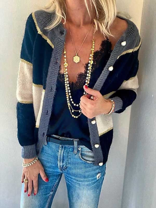 Women's Cardigan Sweater Jumper Crochet Knit Button Cropped Crew Neck Striped Daily Going out Drop Shoulder Blue