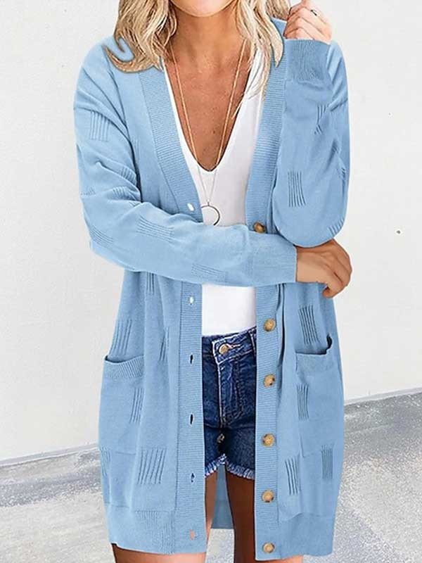 Women's Cardigan Sweater Jumper Ribbed Knit Button Pocket Tunic V Neck Solid Color Outdoor Casual