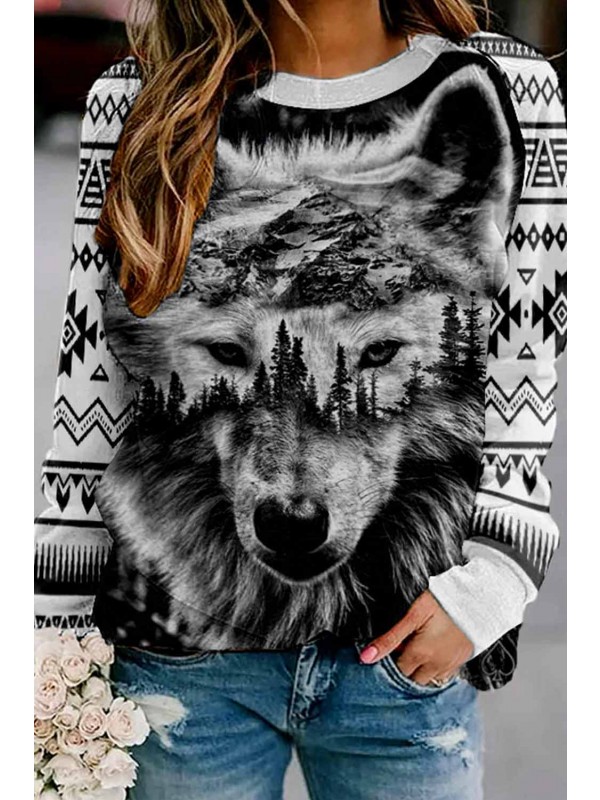 Graphic Western Ethnic National Wind Wolf Animal Print Round Neck Sweatshirt
