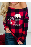 Red Plaid Mama Bear One shoulder Long Sleeve Sweatshirt
