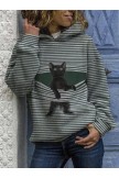 Black Cat Print Long Sleeve Casual Striped Hoodies For Women