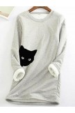 Cartoon Cat Print Long Sleeve Casual Plush Sweatshirt For Women